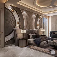 A curated escape of comfort and sophistication. This modern bedroom suite blends clean lines and warm textures, with a dramatic, sculptural headboard wall that serves as the room's artistic centerpiece.