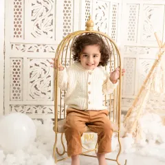 Capturing the playful spirit of toddlers is one of my joys. This portrait uses a boho-themed setup with a golden birdcage chair and soft textures to create a whimsical atmosphere.