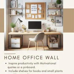 A home office wall should inspire productivity. I design these spaces with functional elements like a pinboard for ideas and open shelves for books and plants, creating a personalized and motivating workspace.