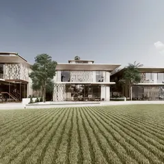For our "Pavilions in the Fields" project, the architecture is designed to be a quiet observer of the vast landscape. These three homes are placed as minimalist pavilions, using a language of solid stone and transparent screens to create a dialogue between the structure and the unending paddy fields.