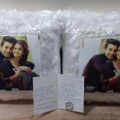 Actors Ankur Verma and Tanvi Dogra with the custom photo pillows I made for them, sent by their fans. Seeing their happy faces is the best part of my job.
