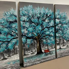 A closer look at the triptych, where you can see the little red bench under the tree.
