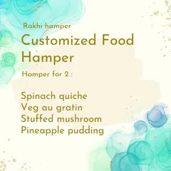 This menu showcases a Continental hamper for two, with our popular Spinach Quiche, Veg au Gratin, Stuffed Mushrooms, and a Pineapple Pudding.