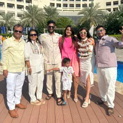 The Savla men at a destination wedding in Bahrain, dressed in our coordinated linens and conscious collection. From lavender shackets to our iconic Toucan shirt, they epitomize effortless family style.