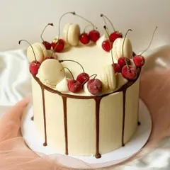 An elegant and delicious-looking drip cake. The smooth white buttercream is topped with a chocolate drip, fresh cherries, and white macarons.