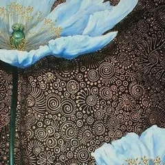A mixed-media piece combining a painted flower with a textured, patterned background, showing creative ways to add depth.