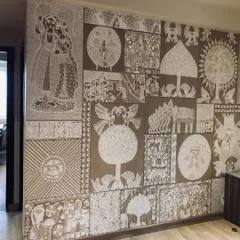 I take pride in installing wallpapers that are rich in cultural detail, like this beautiful mural featuring traditional Indian folk art. The intricate patterns and figures tell a story and add a unique, artistic touch to the space.