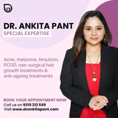 I am Dr. Ankita Pant. My expertise lies in diagnosing and treating a wide range of skin and hair concerns, including acne, melasma, PCOD-related issues, and hair loss, using advanced, evidence-based methods. My goal is to provide you with a clear path to achieving your skin health goals.