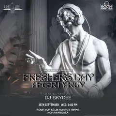 An event poster for a "Freshers Day After Party." I'm experienced in DJing for college fests and youth events, playing the latest Top 40 and commercial hits.