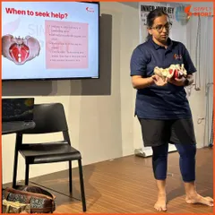 This image shows our physiotherapist delivering a workshop on pelvic health during the Women in Sports Elite Trials. Educating athletes on topics like menstrual health is a key part of our holistic approach to performance and well-being.