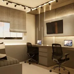 This angle of the home office highlights the textured accent wall and the effective use of both ambient and task lighting.