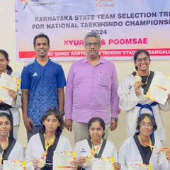 Our female champions shine with their medals and certificates at the Karnataka State Team Selection Trials. We are dedicated to training strong, confident women in Taekwondo.