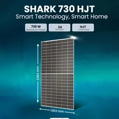 The SHARK 730 HJT panel is designed for smart homes and large-scale commercial installations. With 730W of maximum power and advanced HJT technology, it represents the future of high-efficiency solar energy solutions.