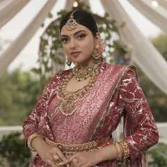 A regal and elegant look from a recent photoshoot. The makeup is classic and defined, with a winged eyeliner and traditional jewelry, creating a timeless portrait.