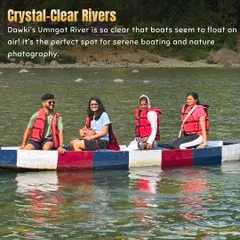 Boating on the crystal-clear Umngot River in Dawki is like floating on glass. You can see the riverbed clearly below your boat.