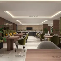 This render shows the overall layout and flow of the hotel restaurant. The design includes a dedicated buffet area and varied seating zones, all unified by a consistent color palette and sophisticated lighting plan.