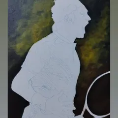 The painting of Roger Federer in its early stages. Here, you can see the initial sketch on the canvas, with the background colors just beginning to take shape.
