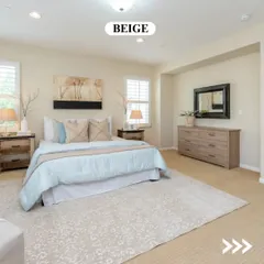 A classic beige provides a warm, neutral, and calming backdrop for this bedroom. This timeless colour is incredibly versatile, allowing your furniture, art, and textiles to stand out.