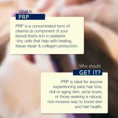 This graphic explains what PRP is: a concentrated form of your own plasma, rich in platelets that help with healing, tissue repair, and collagen production. It is ideal for natural skin and hair rejuvenation.