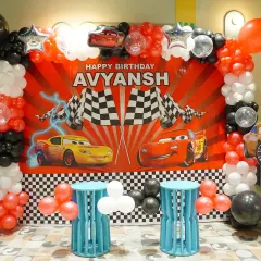 Start your engines for a 'Cars' themed birthday bash! This high-energy backdrop featuring Lightning McQueen sets the stage for a party full of speed, fun, and adventure. We customize every detail for your little racer.