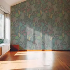 This playful and colorful wallpaper features a repeating pattern of stylized animals and botanicals. It's a great choice for a creative space that calls for a touch of whimsy and artistic flair.