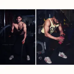 These two shots capture the action and the rest moments of a workout. One frame shows the intensity of using battle ropes, while the other shows a candid moment of recovery, telling a more complete story of a gym session.