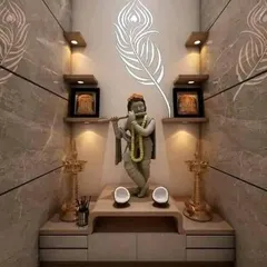 This serene pooja room is a peaceful sanctuary within the home. We used marble-finish walls, soft backlighting, and elegant shelving to create a divine space for prayer and reflection.