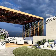My process begins with a detailed design concept. This 3D rendering shows a plan for a terrace makeover, including a pergola for shade, modern seating, and a small rockery water feature, allowing you to visualize the final result before we begin building.