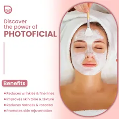 A client receiving a Photofacial treatment. This procedure uses Intense Pulsed Light (IPL) to reduce wrinkles and fine lines, improve skin tone and texture, reduce redness from conditions like rosacea, and promote overall skin rejuvenation.