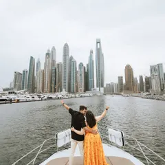 Celebrating their love on a private yacht, with the magnificent Dubai skyline as their witness. This shot captures the joy and grandeur of a destination pre-wedding adventure, a memory of them against the world.
