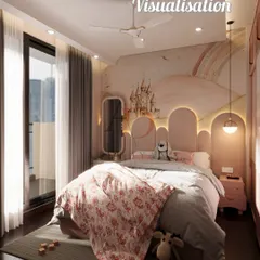 The 3D visualization for the princess-themed room, showing the initial concept with the castle mural, backlit headboard, and soft pink color scheme.