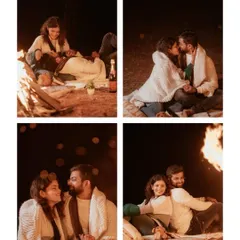 A collage of cozy moments from a campfire-themed pre-wedding shoot. From sharing a blanket to a gentle kiss, these images capture the warmth and intimacy of the couple's bond.