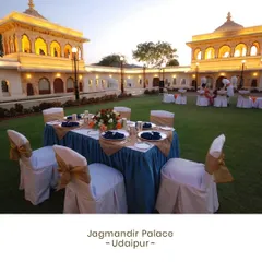 An intimate and elegant outdoor dining setup at the Jagmandir Palace in Udaipur. We believe the venue is a key part of the story, and our catering is designed to complement the royal ambiance of such historic and beautiful locations.