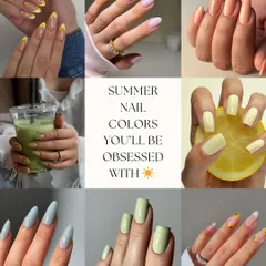 Sun's out, nails out. This collage is filled with summer nail colors you'll be obsessed with, from soft pastels to bright, fruity shades.