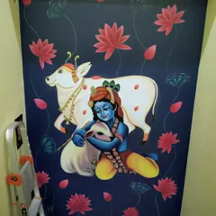 This Krishna mural was a piece of devotion for me. Painting for a mandir or temple space is a blessing. I used a traditional Pichwai style to depict Krishna with his beloved cow, surrounded by lotuses, creating a serene and spiritual atmosphere. ❤️