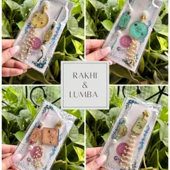 A collage of my personalized Rakhi and Lumba sets for your brother and sister-in-law. Each set can be customized with initials, making it a truly special gift for Raksha Bandhan.