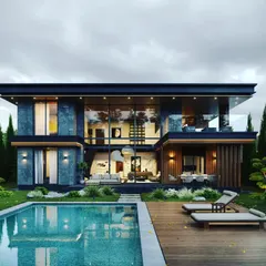 This 3D architectural render showcases a modern luxury villa designed with seamless indoor-outdoor living in mind. The design features large glass walls for natural light, a private pool, and a focus on clean lines and natural materials, representing our vision for high end residential architecture.