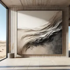 Titled "Whispers of Dust," this minimalist abstract piece is created with natural earth pigments on raw linen. Its textured, monochromatic style evokes a sense of calm and connection to the elemental world.