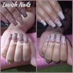 A before-and-after look at reflective glitter nails, showing their subtle shimmer in normal light and their brilliant sparkle with flash.