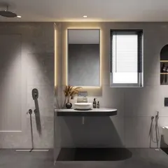 We designed this master bathroom by combining two smaller ones. This 3D render shows our plan, using hues of grey, varied textures, and interesting shapes to create a modern and spacious bathroom with a light-filled, warm ambiance.