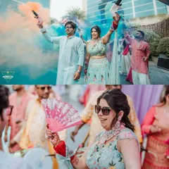 The couple makes a grand entrance with colored smoke bombs. This collage captures the energy of their entry and the bride's joyful dance.