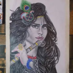A portrait of Lord Krishna, created with a mix of graphite for the face and hair, and color pencils for the flute and peacock feather. This blend of styles creates a unique visual effect.