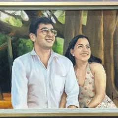 For this couple's portrait, the client requested a slightly impressionistic style. I kept the faces realistic while using looser brushstrokes for the background, creating a beautiful, artistic piece.