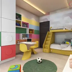 This kids' room features a colorful, block-themed modular wardrobe and a yellow bunk bed with integrated stairs. The design includes a dedicated study area, making it a complete and playful space.