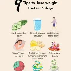 Want to lose weight fast in 15 days? This infographic provides 9 simple, actionable tips like eating a cucumber daily, drinking 9 glasses of water, and getting 7 hours of sleep.