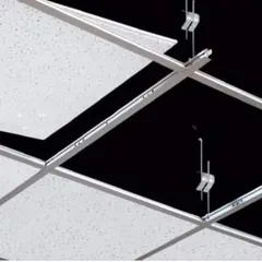 These images provide a technical look at a suspended grid ceiling system. They show the T-grid channels, hooks, clips, and fiber boards used to create a neat and functional false ceiling.