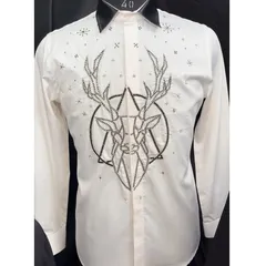 A white designer shirt featuring a geometric stag embroidered in metallic thread. The contrasting black collar adds a sharp, modern touch to this artistic and sophisticated piece.