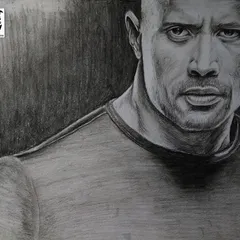 A charcoal pencil portrait of "The Rock" Dwayne Johnson. I used heavy shading to capture his powerful physique and intense, focused look.