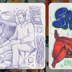 A sketchbook spread showing a mix of styles. On the left, a ballpoint pen scene from life, and on the right, a colorful graffiti and character exploration.