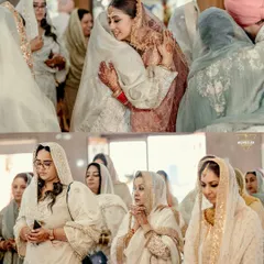 Emotional moments from a Sikh wedding. The bride sharing a hug with a family member and the quiet prayers of the guests are moments filled with love and blessings.